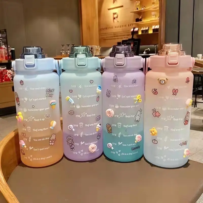 2L PASTEL Motivational Water Bottle with Time Marker & Straw-BPA Free Locking Flip-Flop Lid