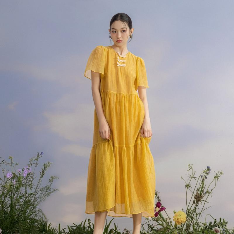 Đầm babydoll tay phồng dáng dài dễ thương Mustard phù hợp đi chơi đi làm OLV