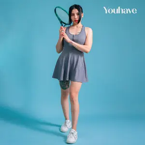YouHave (You’ve) Tennis Dress White Sport Setelan Dress Pakaian Olahraga Wanita Jumpsuit Wanita Workout Gym Yoga include cup bra and short Sportwear Set Wanita Y00011