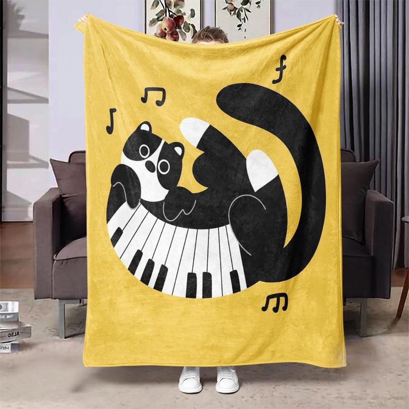 Product Introduction of Cat & Piano Pattern Blanket, 1 Count Soft Comfortable Warm Throw, Air-conditioned Room Blanket, Warm Nap Blanket for Home & Office 0