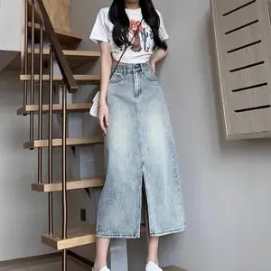 Rok Jeans Span Highwaist Slit Premium Panjang Wanita