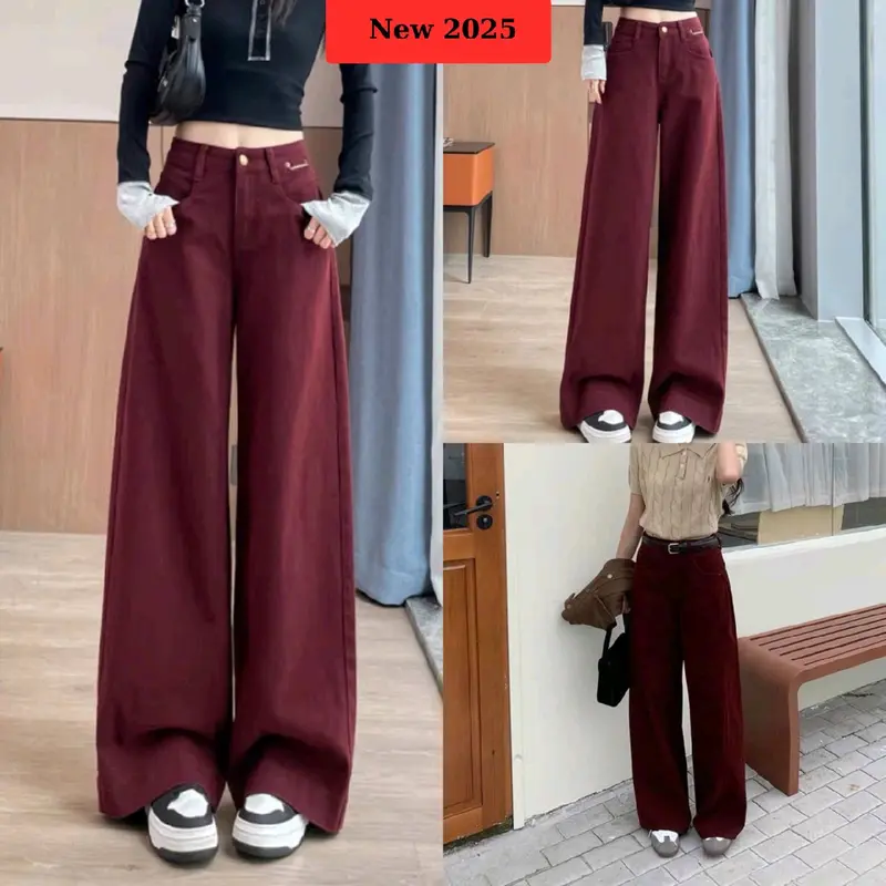 Quần Jean Nữ Ống Suông Rộng Màu Đỏ Lưng Cao Hack Dáng New Trend 2025 đô 0