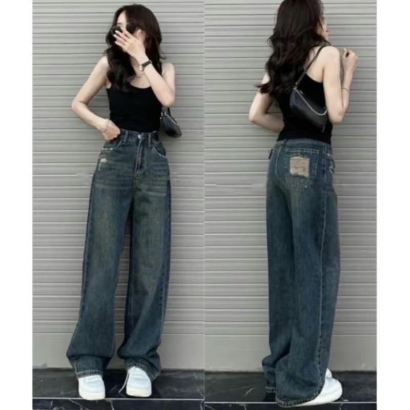 Quần jean suông nữ lưng cao denim không co dãn rách túi sau women pants 1