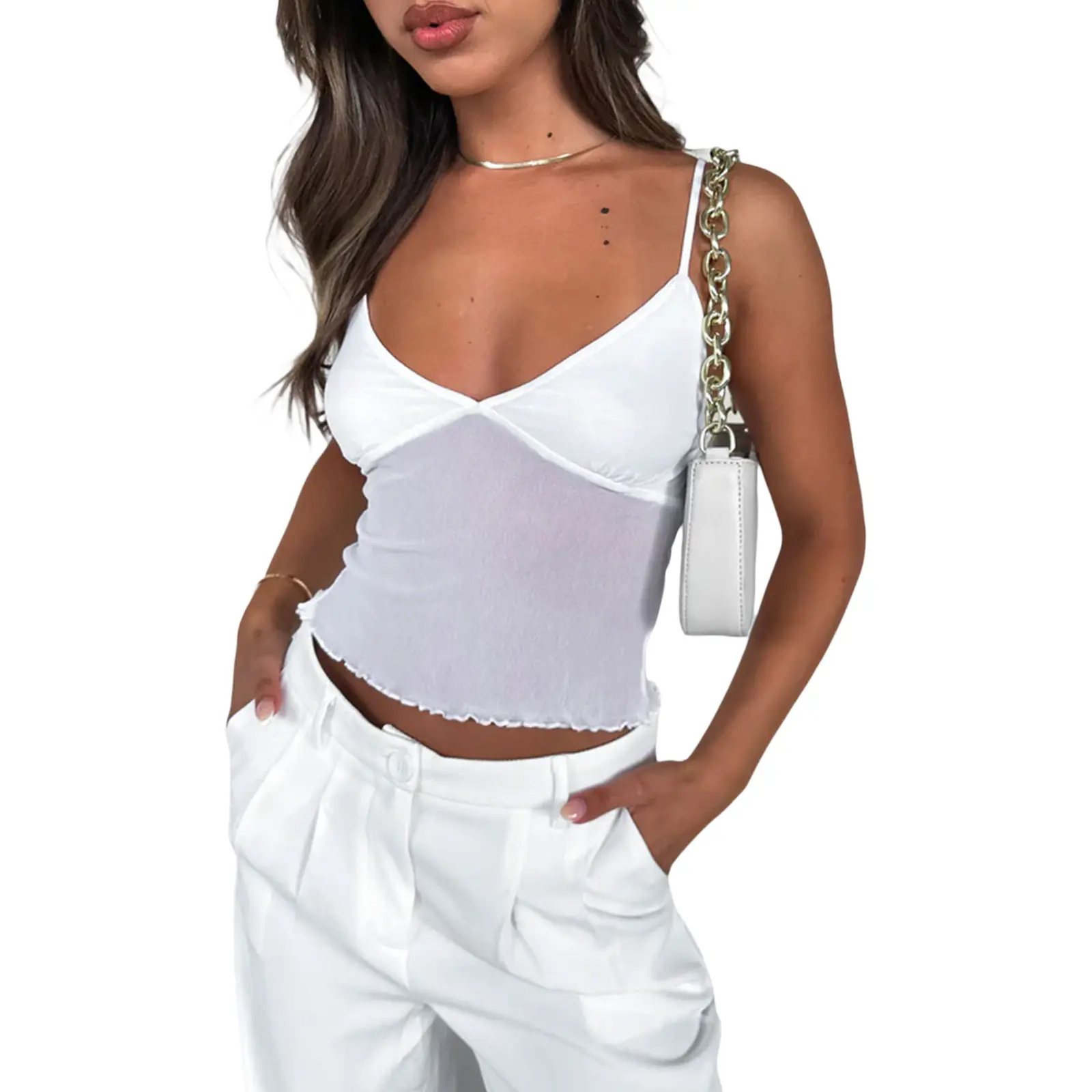 Women Camisole, Spaghetti Straps V Neck Tulle PatchworkFit Summer Tops for Party Club
