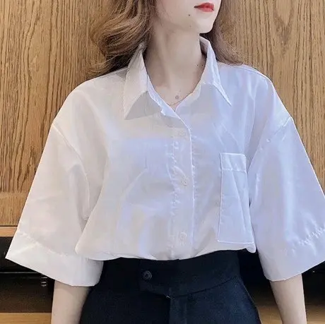 Áo sơ mi trắng tay ngắn form rộng có túi[vải mềm] Nữ Women Top Shirt Ong Voi 1