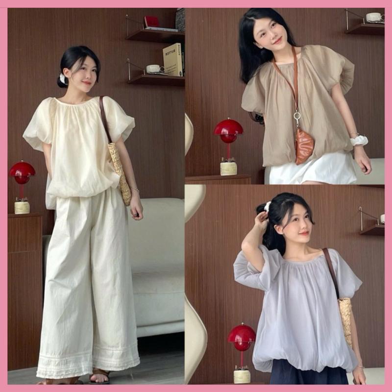  Áo voan phồng 2 lớp cổ tròn the Áo Babydoll Voan Cổ Tròn Tay Bồng Nữ Tính Tiểu Thư 