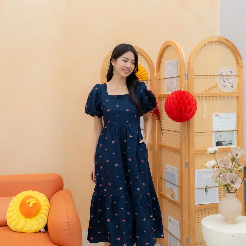 Hanna Embroidery Square Neckline Dress In Navy