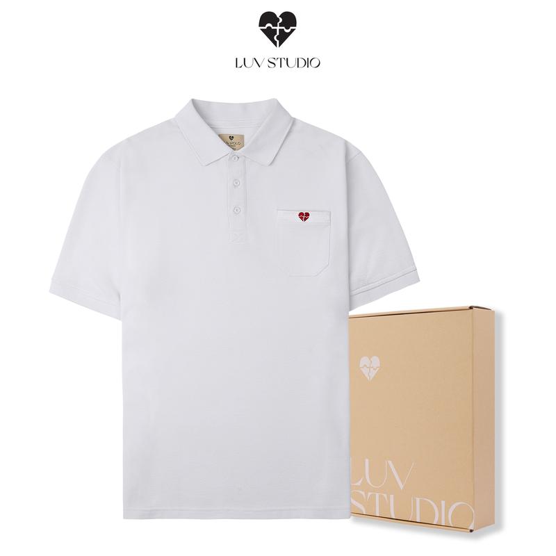 áo LUV POLO trắng, vải cotton CVC, túi thêu hoạ tiết mảnh ghép trái tim thông thường hàn quốc