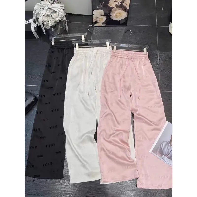 Quần lụa ống rộng dáng dài suông dập chìm chữ min cho nữ Mùa Hè Miu Siêu Đẹp Hàng Chuẩn women pants Ong Đen/hồng/trắng sữa Nhung 1