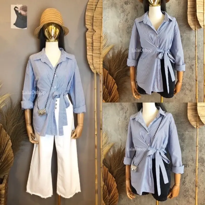 Alika Bow Shirt ( ikat samping )  Kemeja  Biru  Putih  Stripe  Kancing  Atasan  Wanita 7