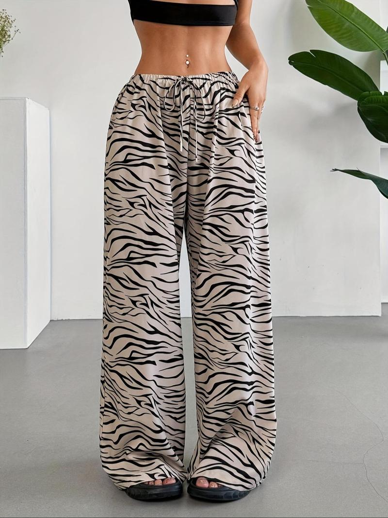 Product Introduction of Women's Zebra Stripe Print Drawstring Waist Wide Leg Pants, Casual Comfy Trousers for Daily Wear, Ladies Bottoms for All Seasons 7