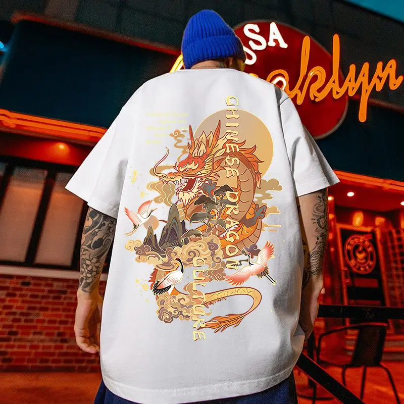 M-áo phông ngắn tay cổ tròn dành cho nam và nữ, họa tiết rồng vàng, hip hop đường phố mới, thời trang cặp đôi, lớn, giản dị, giải trí, năm phần tư, mùa hè 2024 1