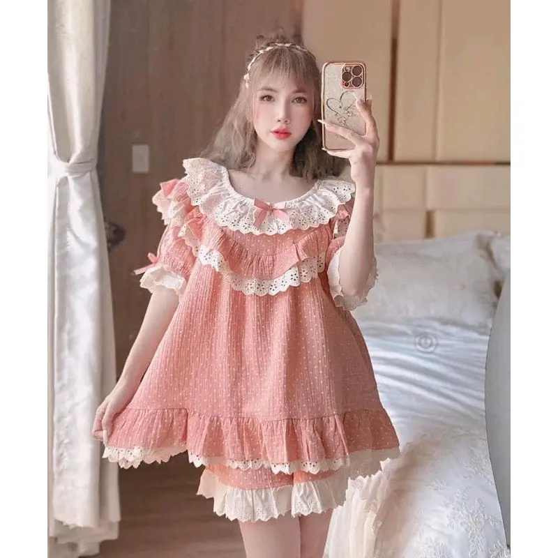 Sét đùi babydoll chấm bi phối ren tiểu thư bigsize chất lụa mát 0