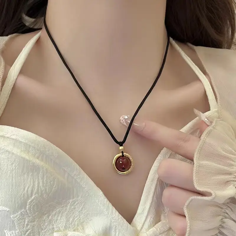 Fashion 2024 Weaving Black Rope Gold Color Ping An Buckle Agate Pendant For Women Necklace Accessories Jewelry Luxury Gifts