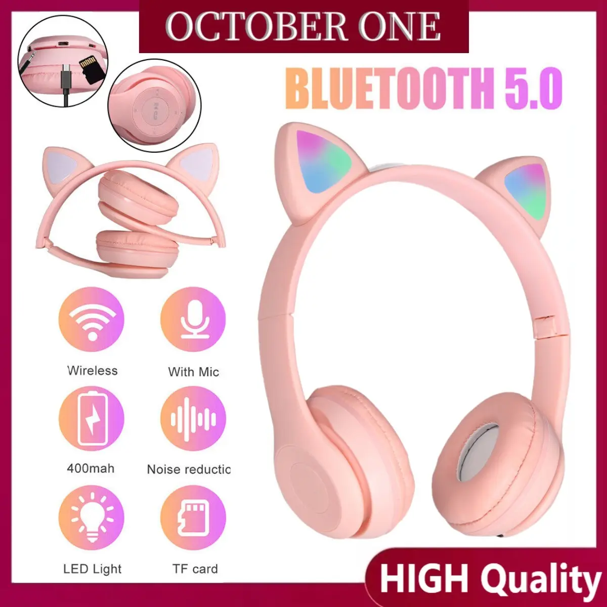 P47M Bluetooth Headphones Wireless Cat Ears Headset Cat Headphone With Mic LED For Boy Girl Kid Gift