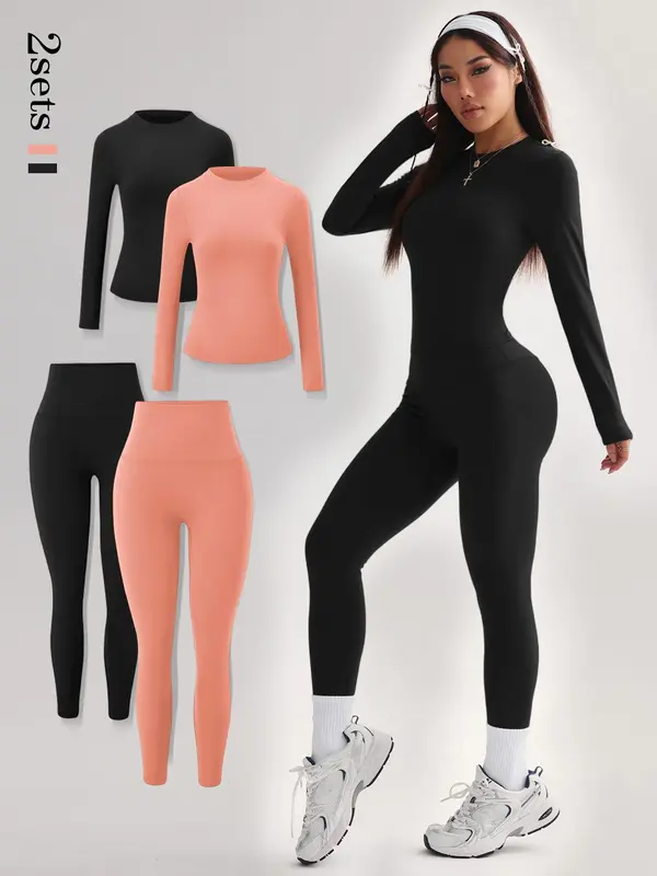 Women's Solid Long Sleeve Tee & Leggings Tracksuit Set, Sporty Breathable Comfy Set for Yoga Gym Workout Running, Ladies Sportswear for All Seasons 3