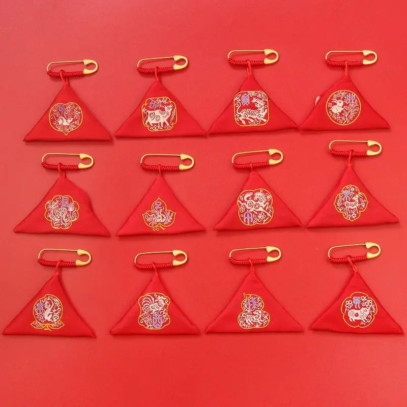 Safeguard Amulet Lucky Bag Charm Zodiac Triangle Silk Pouch Fetal Hair Baby Embroidery Pin