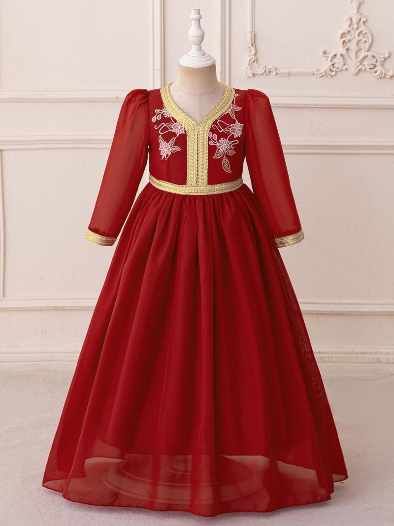 Product Introduction of Girl's Floral Embroidery Sweater Dress, Elegant Long Sleeve Round Neck A Line Dress for Party Wedding Guest, Kids Clothes for All Seasons 1