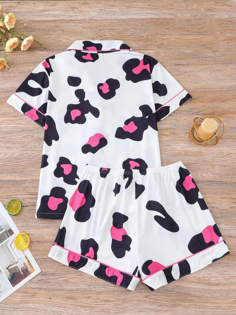 Product Introduction of Two-piece Set Women's All Over Leopard Print Contrast Binding Lapel Shirt & Shorts Pyjama, Casual Comfy Short Sleeve Pocket Top & Shorts Pj Set, Pajamas, Ladies Sleepwear for All Seasons, Pajamas 9