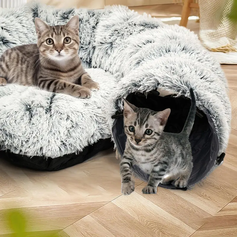 Winter Warm Pet Bed, 2 in 1 Foldable Cat Tunnel Cat Bed, Warm Plush Cat Bed with Hanging Ball & Tunnel Buckle, Pet Supplies for Kitty Indoor Outdoor Use, Cat Beds for Indoor Cats 8