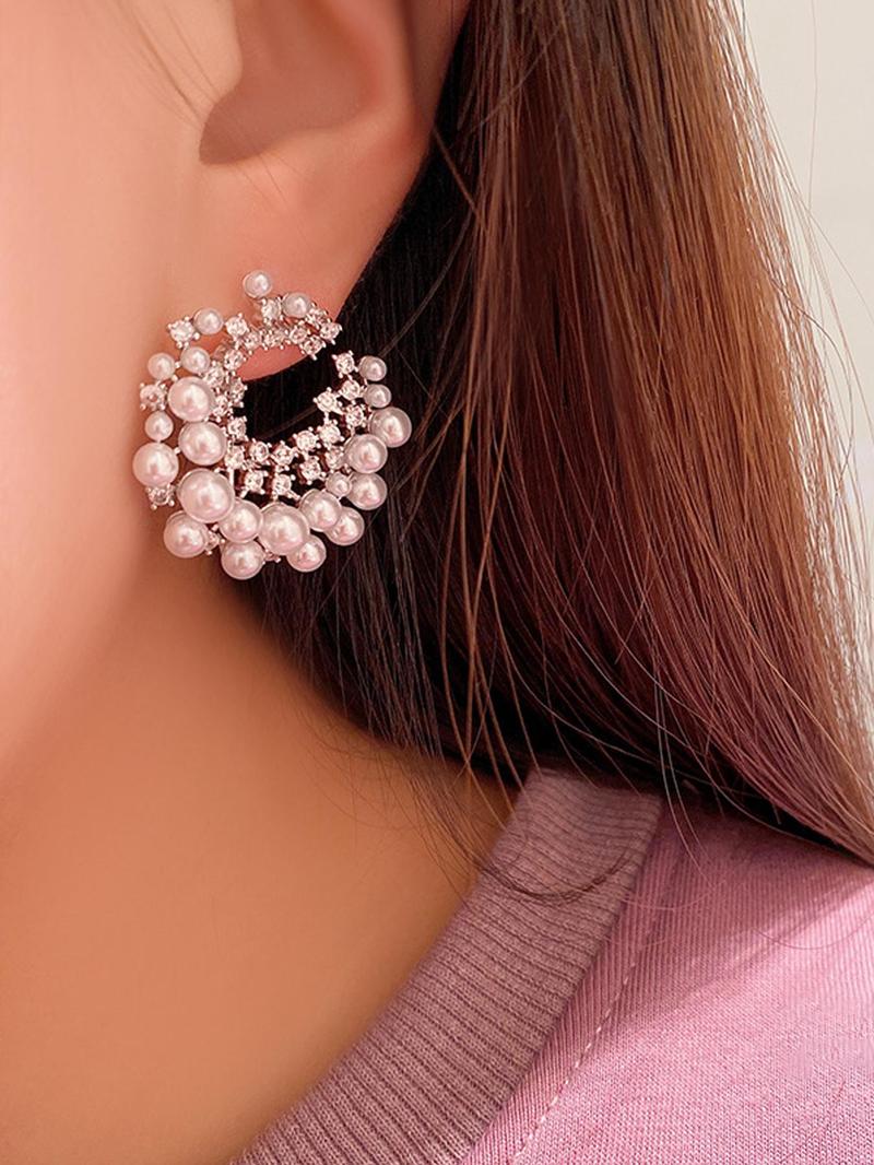 Product Introduction of Faux Pearl & Rhinestone Decorated C-shaped Earrings, Elegant Jewelry for Women & Girls, Trendy All-match & Exquisite Jewelry for Birthday Gift 6