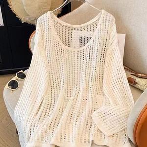 Hollow Out Knit Sweater Summer New Thin Lazy Loose Cover-Up Sun Protection Top Round Neck Design Long Sleeve Shirt