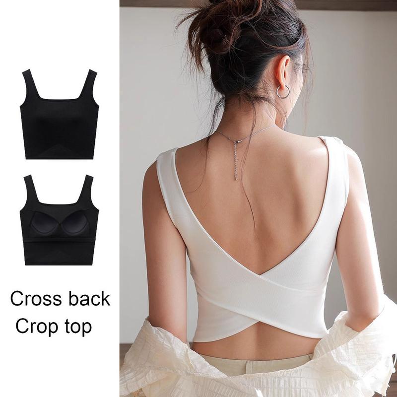 Áo Crop Top Lưng Chéo, Thiết Kế Cô Gái Nóng Bỏng 2 Trong 1, Lưng Chữ U Lớn Của Phụ Nữ, Có Đệm Ngực, Áo Vest Cổ Vuông, Màu Trắng Cơ Bản / Đen, Dành Cho Nữ