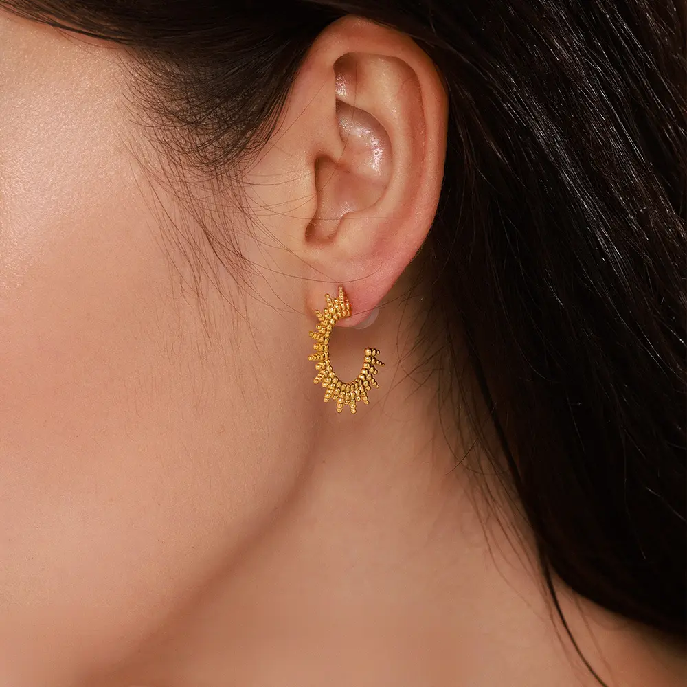 C-Shaped Sun Rays Radiant Earrings New Fashionable Ear Jewelry Stainless Steel PVD Plated Real Accessories