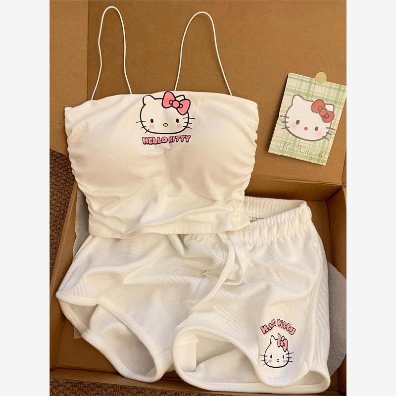 Bộ HelloKitty, Hàng Mới Về Mùa Hè, Dành Cho Nữ, Ngọt Ngào Và Dễ Thương, In Hình Hoạt Hình, ngắn Tay Áo, Dễ Phối Đồ, Quần Đùi Ba Điểm