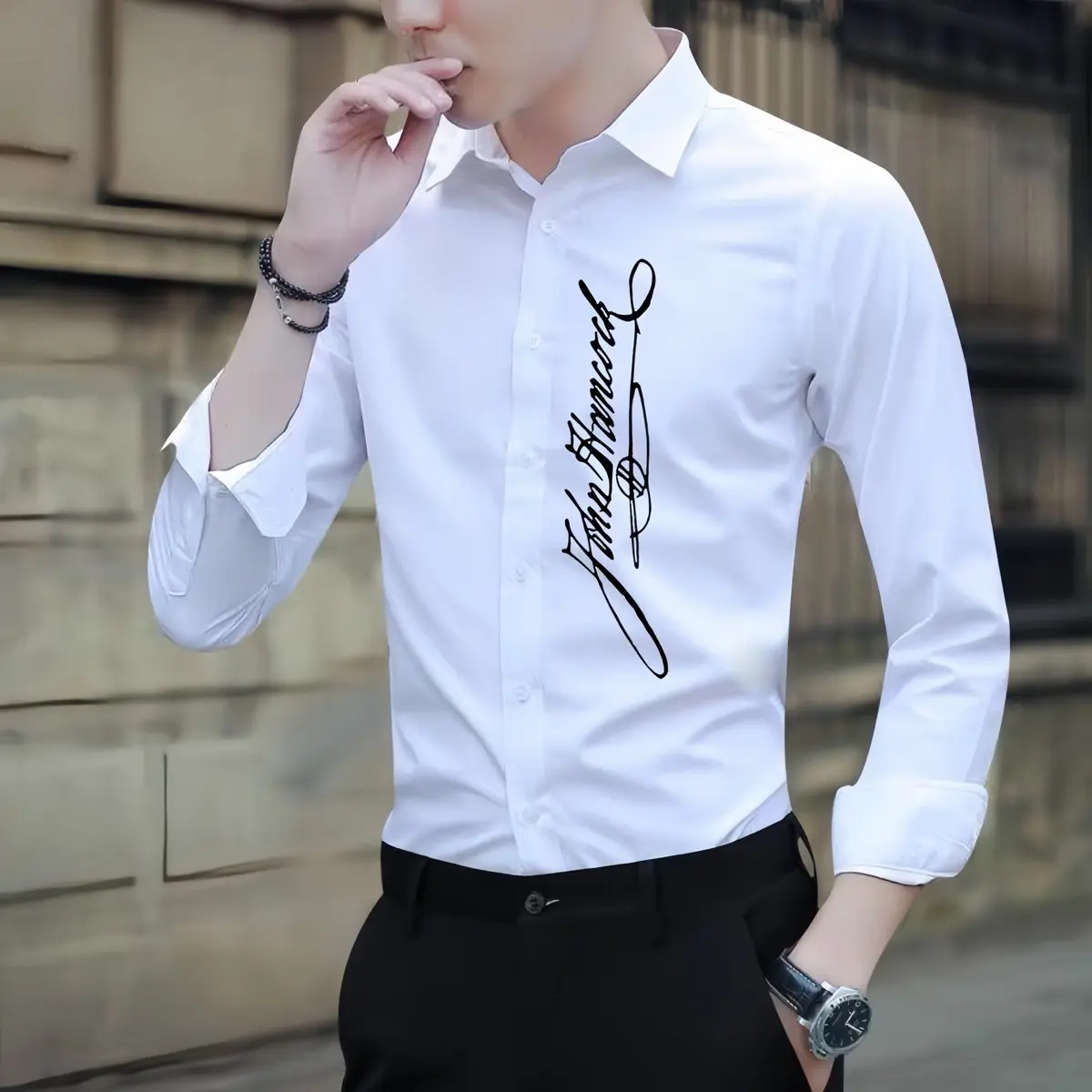 Áo Sơ Mi Dài Tay In Hình ”Hoạ Tiết Chữ Ký” Bên Ngực Trái Vải Lụa Mềm Mịn Nam Menswear Shirt Kate