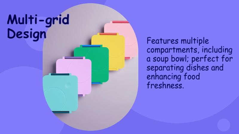 Product Introduction of 4-compartment Bento Lunch Box with Soup Cup, 1 Set Microwave Safe Plastic Bento Container, Lunch Accessories, Portable Food Storage for Travel and Lunches 2