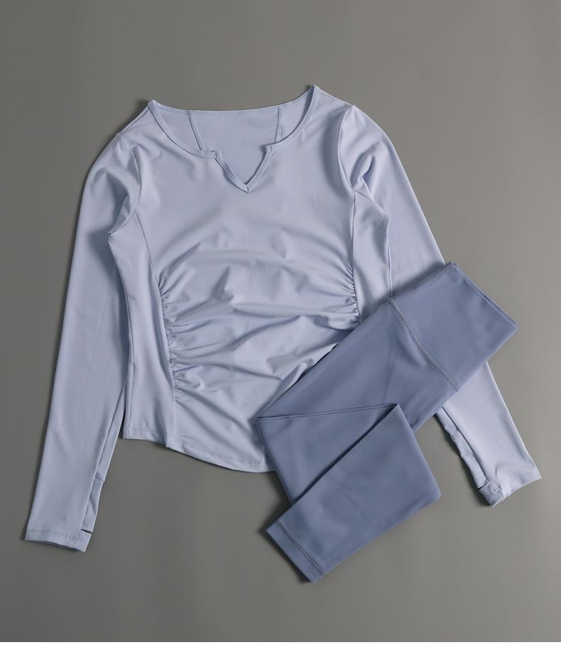 Product Introduction of Loose Breathable Fitness Set + Suitable for Running and Yoga + For Adult Women + Long Sleeve V-neck T-shirt Cover + Features Quick-dry Comfort + Light and Airy 1