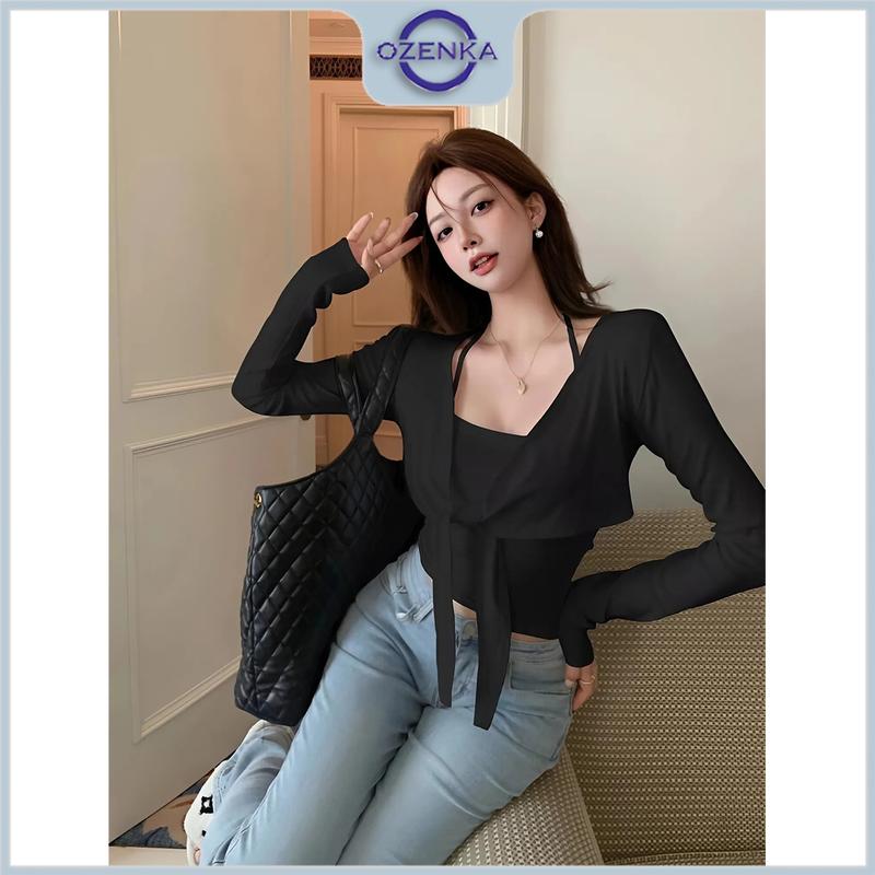 Product Introduction of Áo croptop kiểu tay dài ôm nữ sang chảnh OZENKA , áo dệt kim nữ xinh phong cách nhẹ nhàng cột dây mặc đi chơi đi cà phê 32