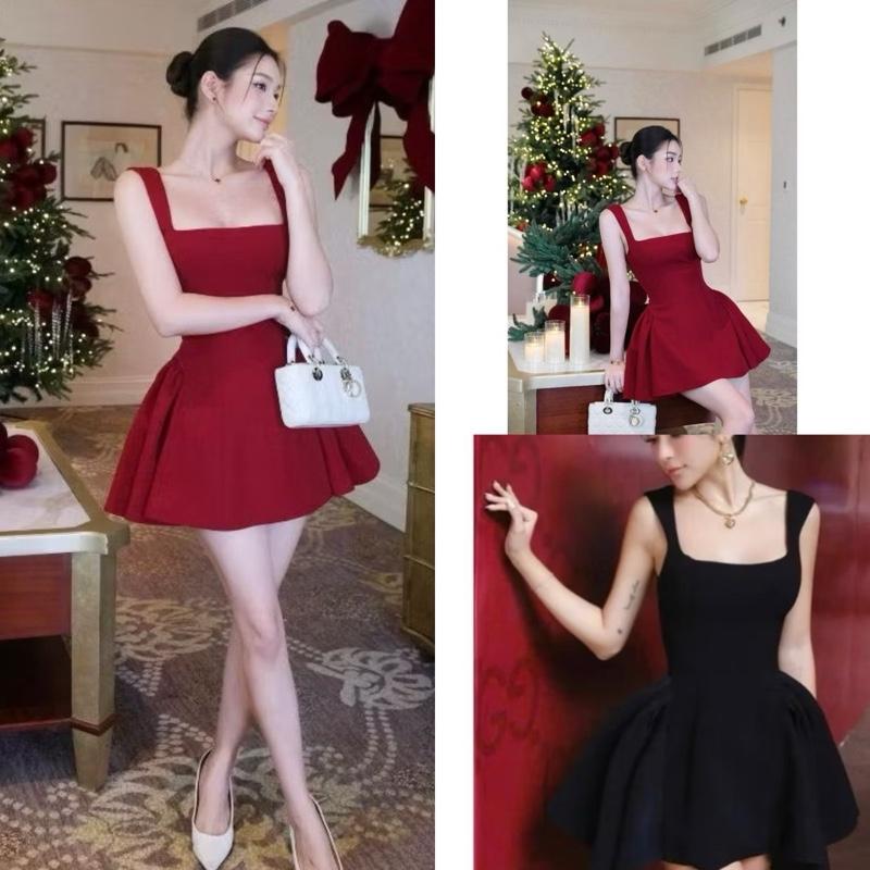  V207 Váy Ngắn 2 Dây Bản To Đầm Body Đỏ Đen Cổ Vuông Dáng Dài Bồng Xòe Chử A Sang Chảnh Basic Tôn Dáng 