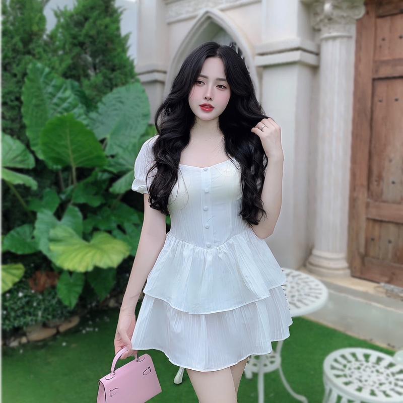 Váy  Dự Tiệc Có Mút Cổ Vuông Trễ Vai Tay Ngắn Vải Xốp Nhật Bigsize 50-100kg Nữ Dress Voan Đầm Women Đen - B.1304 9