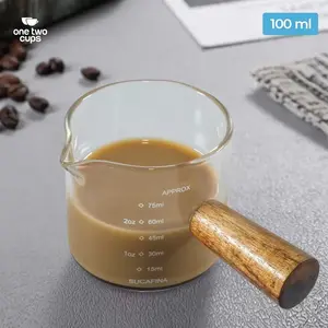 One Two Cups Gelas Milk Jug Kaca Handle Kayu Kopi Latte Art - S10 Teh Glass