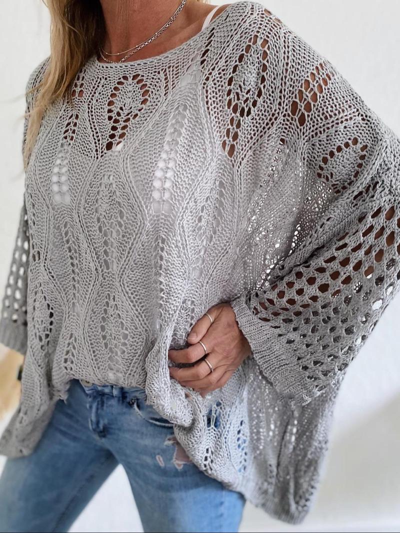 Product Introduction of Women's Plain Hollow Out Sweater, Boho Casual Long Sleeve Round Neck Jumper for Spring & Fall, Fashion Women's Knitwear for Daily Wear, Elegant Going Out Tops 2