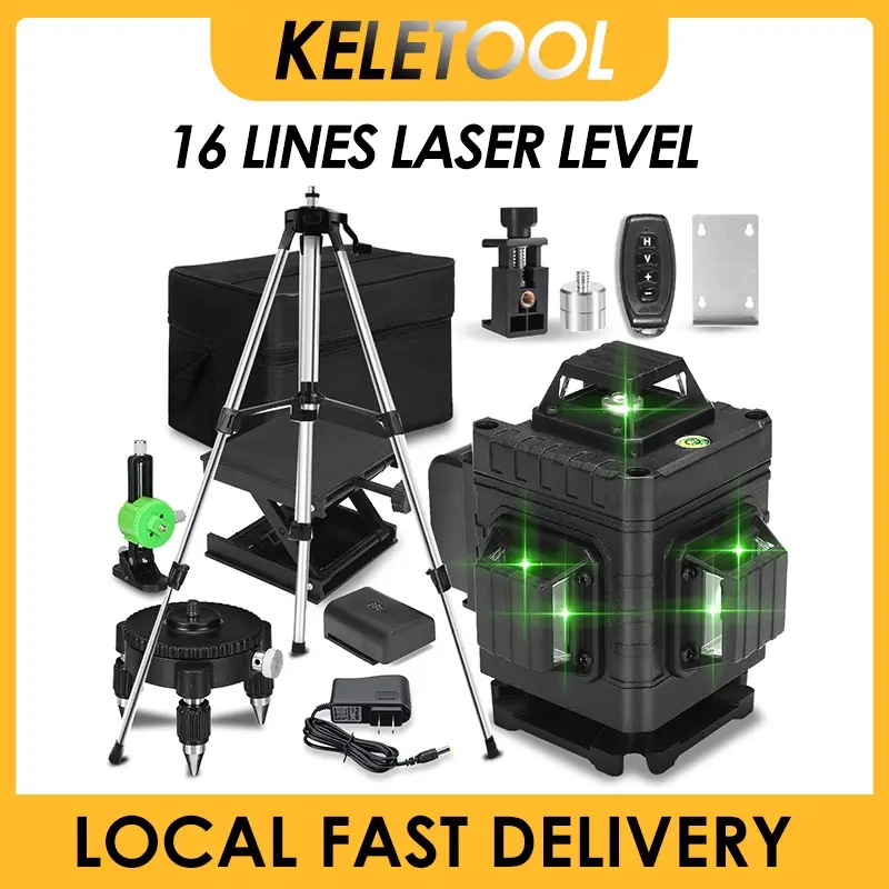16 Lines Green Line Laser Level 4D Horizontal And Vertical Cross Super Auto Self-Leveling With Battery & Wall Bracket