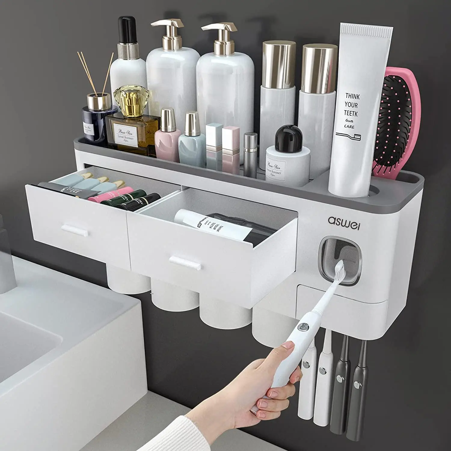 Bathroom Toothbrush Holder with Mouthwash Cup, Wall Mounted Toothpaste Storage Rack, Large Capacity Durable Bathroom Organizer, Bathroom Accessories, Back To School Supplies