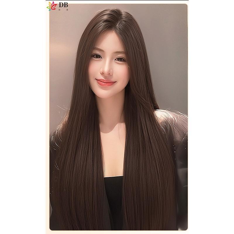 Wig renda dahi untuk wanita dengan rambut lurus panjang gaya rambut kepala penuh belahan tengah alami set wig kepala penuh lurus panjang hitam 0