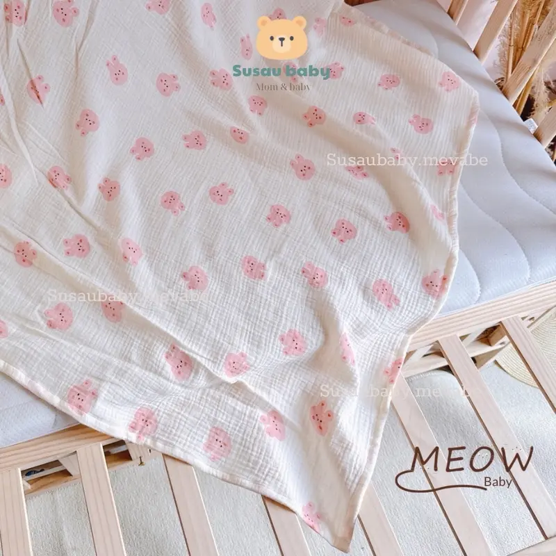 [Kèm Yếm] Khăn Tắm Khăn Quấn Xô Muslin 2 Lớp  Đa Năng Cho Bé Kích Thước 90x100cm em 1