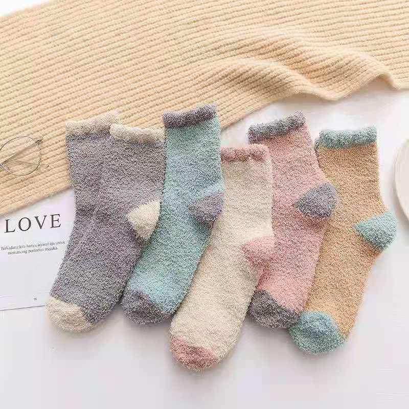 Tất Lông Cừu San Hô, Dành Cho Bé Gái, Mùa Đông Dày Dặn, Tất Ống Giữa Nhồi Bông Màu Trơn Bồng Bềnh, Tất Đi Trong Nhà 1