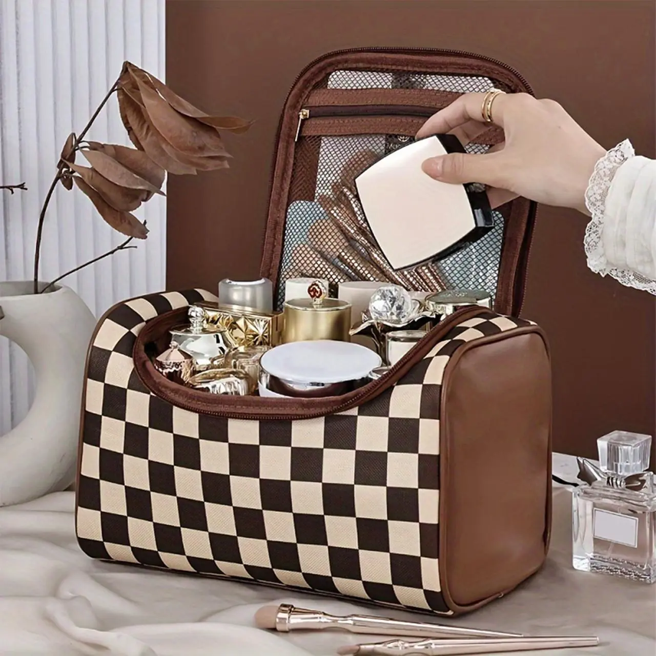 Checkerboard Pattern Makeup Bag, 1 Count Large Capacity Cosmetic Storage Bag, Portable Makeup Brush Organizer, Cosmetic Storage Bag for Home & Travel
