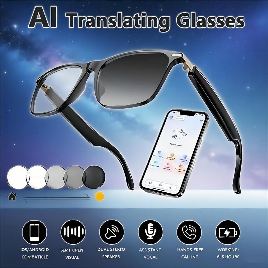 AI smart translation glasses, supporting real-time app translation in 164 languages, photochromic lenses, and flat gray lenses. - Image 5