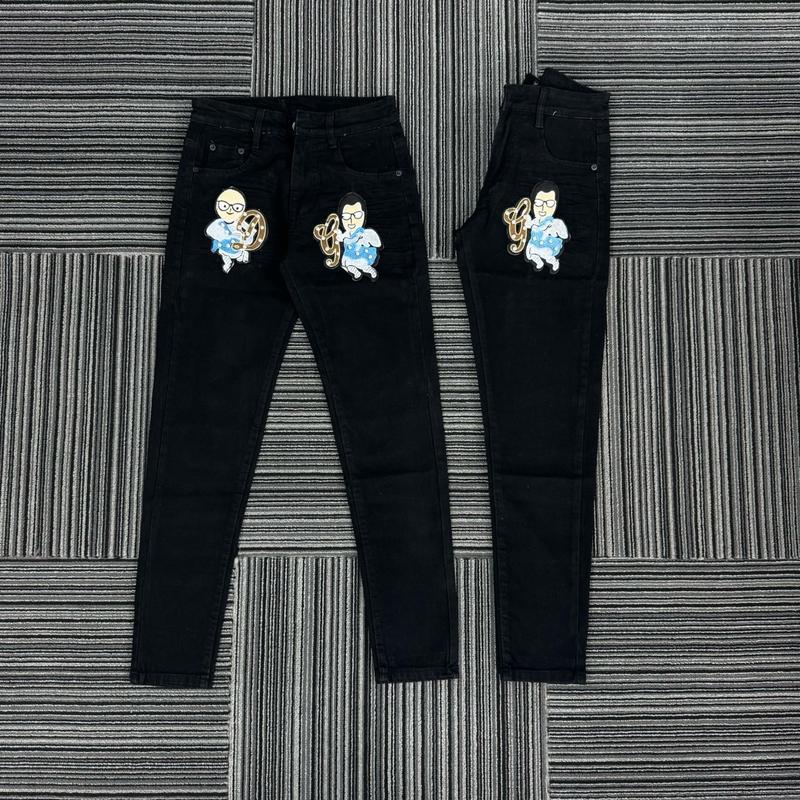 Quần jean đôn chè đen trơn thêu thiên thần cầm cung có đính đá kim cương túi Menswear Nam Pants Denim