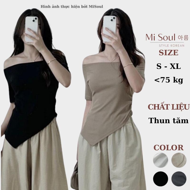 Áo Trễ Vai Bigsize Cổ Thuyền Vạt Nhọn Misoul Áo Lệch Vai Tay Ngắn Chất Liệu Thun Tăm 194 Top Nữ Women Đen