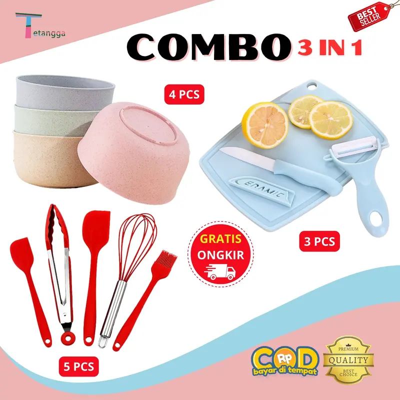 COMBO 3IN1 Spatula Silicon 5in1+Pisau Set Keramik 3 In 1 Talenan Set Knife Set Peeler Buah+Mangkuk serat jerami gandum 1set 4pcs 0