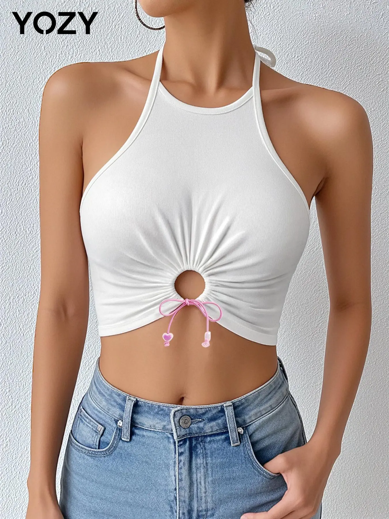 YOZY Women's Solid Color Tie Front Tank Top, Casual Sleeveless Halter Neck Top for Summer, Ladies Clothes for Daily Wear