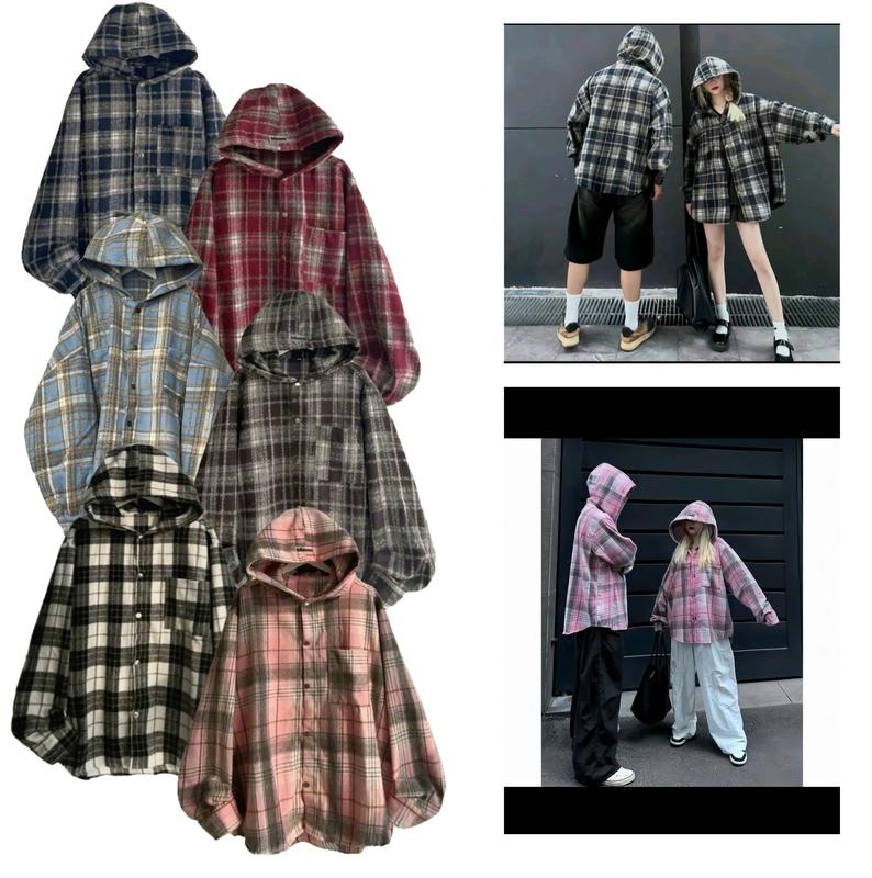 COMBO ÁO FLANNEL - Áo Sơ Mi Áo Khoác Chống Nắng Thời Trang Nam Nữ Chất Nỉ Dạ Flannel Dài Tay Kẻ Caro Có Mũ. Size 45-85kg.