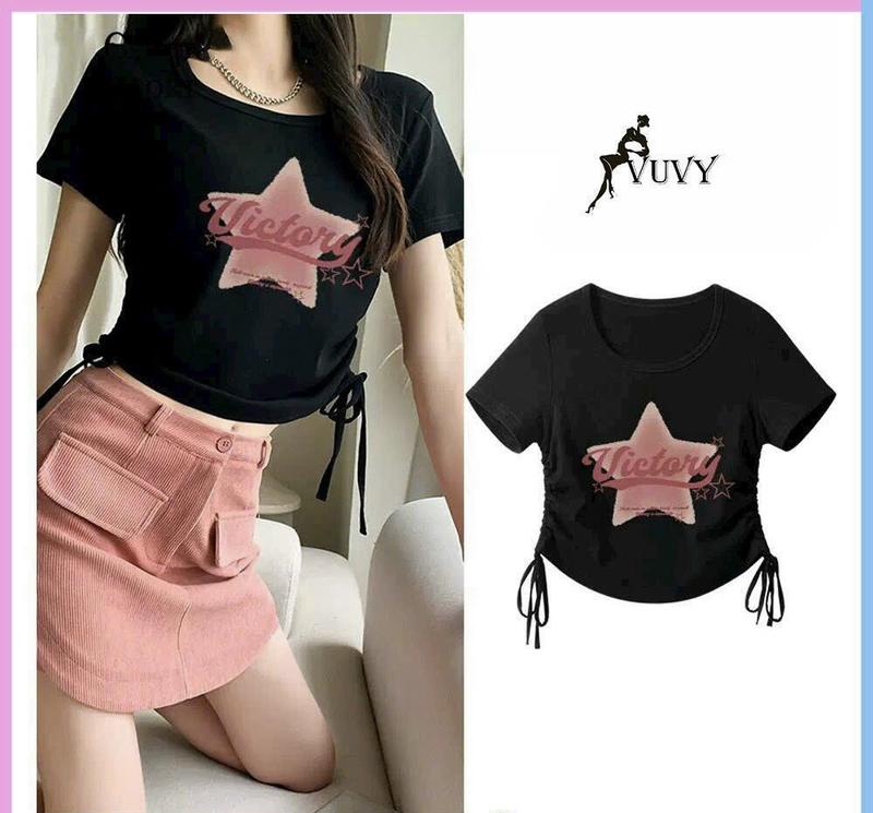 Product Introduction of Áo Crotop rút dây 2 bên,in hình ngôi sao dễ thương Cổ Tròn Thun Trắng Nữ Women 18